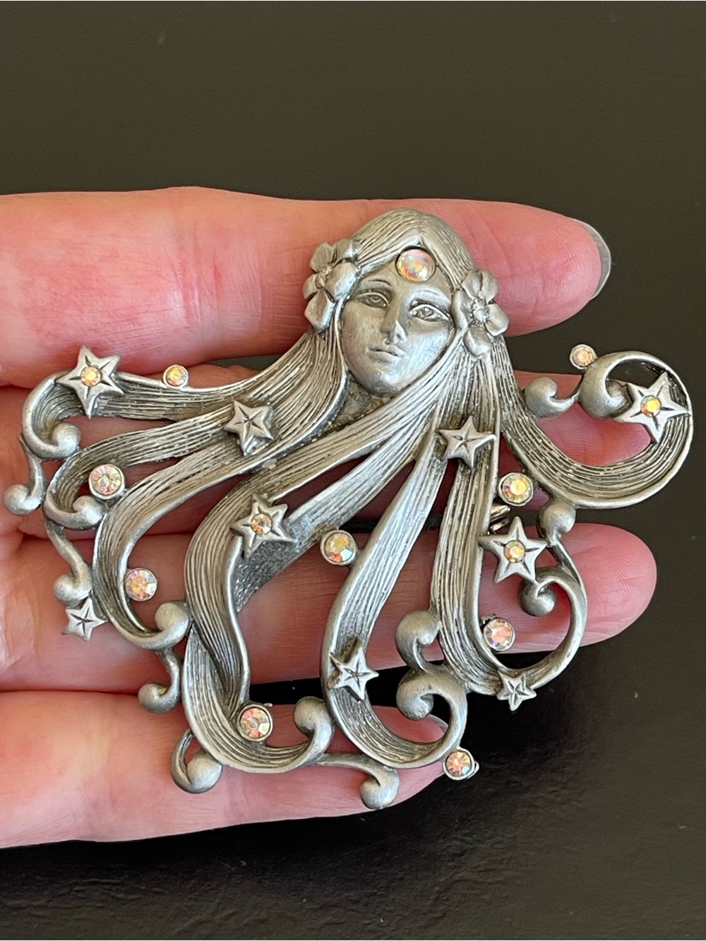 Vintage JJ Jonette Art Nouveau pewter Fairy brooch.